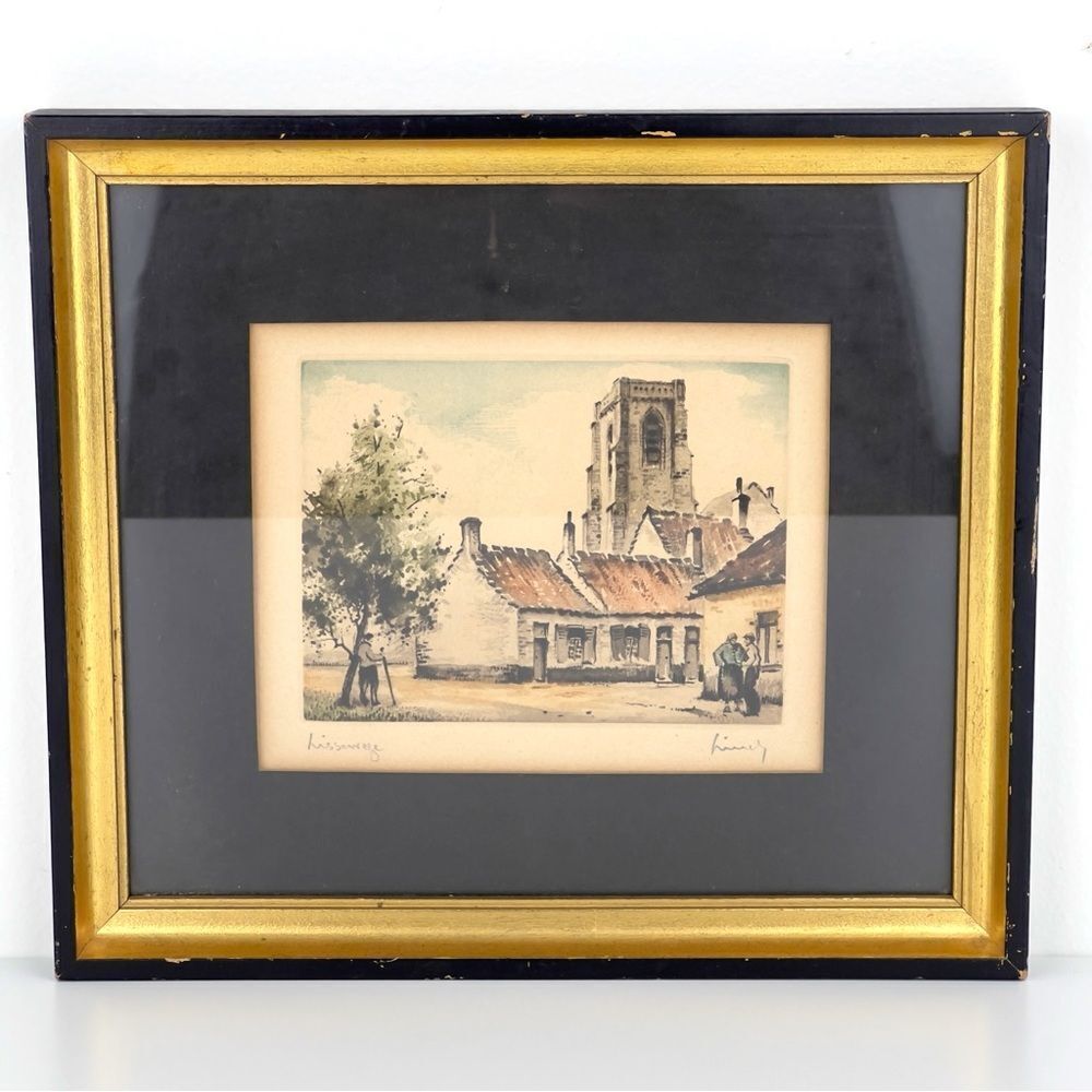 Vintage Lissege By ROGER HEBBELINCK European Town Scenery Etching Colored